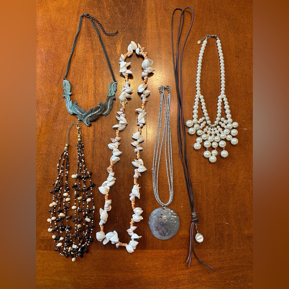 “Nature Calling” Necklace Set - shells, faux pearls, feather motif, seed beads